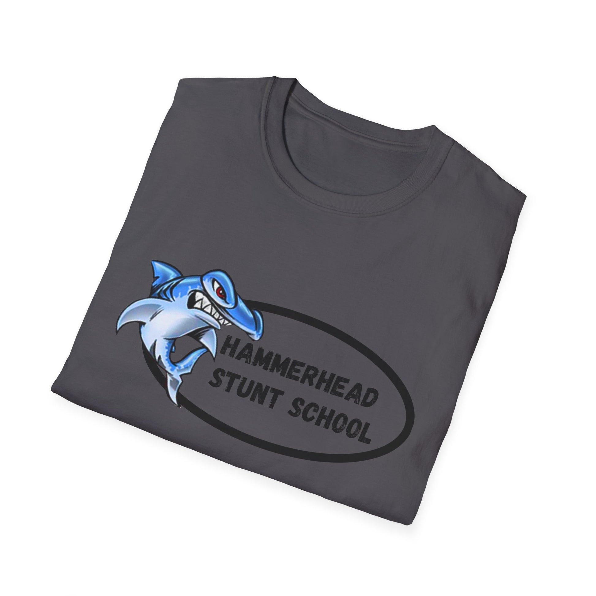 Gray t-shirt with a blue shark graphic and 'Hammerhead Stunt School' text on a white background