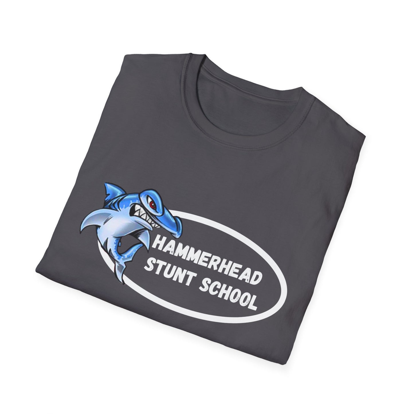 Folded gray t-shirt with blue shark graphic and 'Hammerhead Stunt School' text on a white background