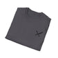 Folded gray t-shirt with a black logo on a white background