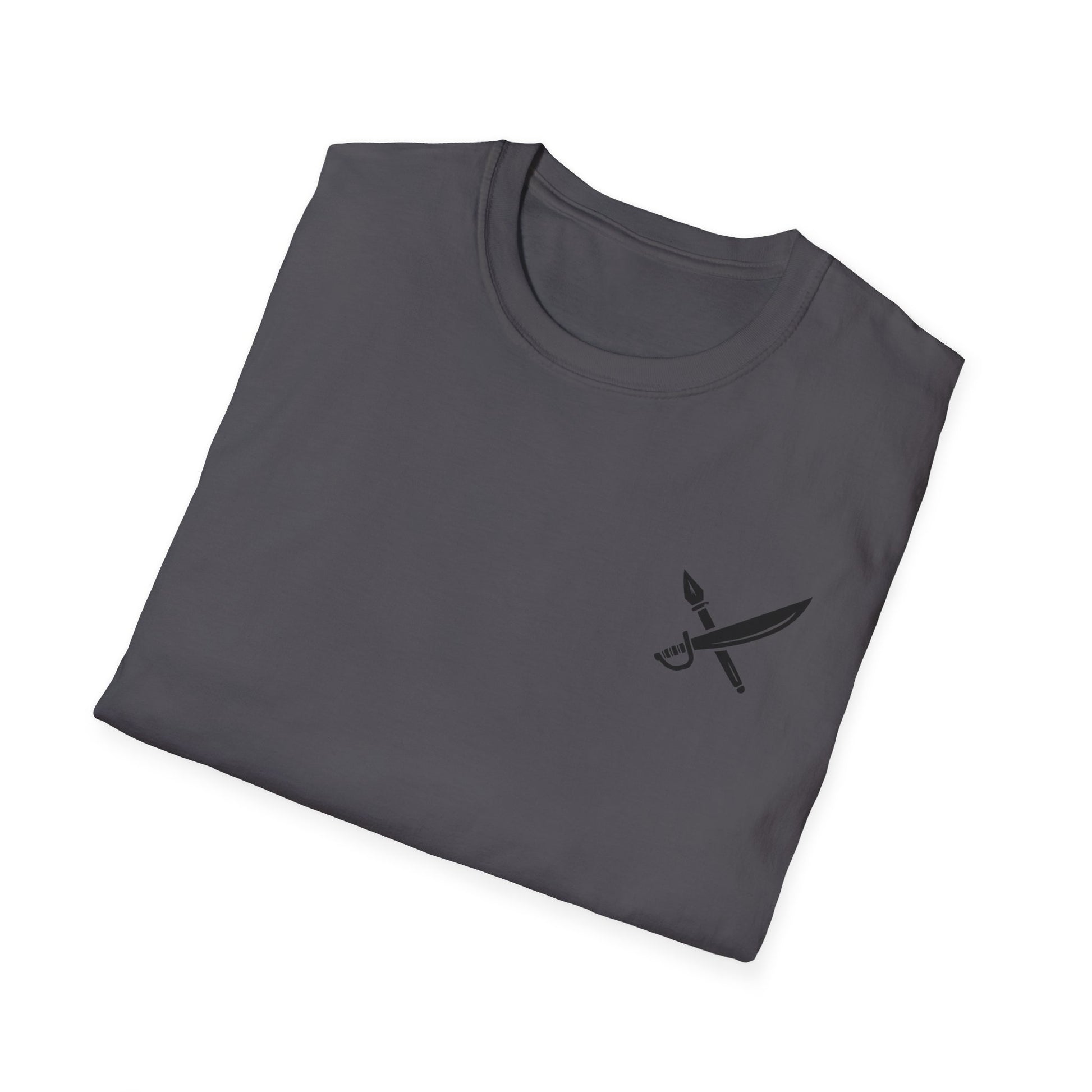 Folded gray t-shirt with a black logo on a white background