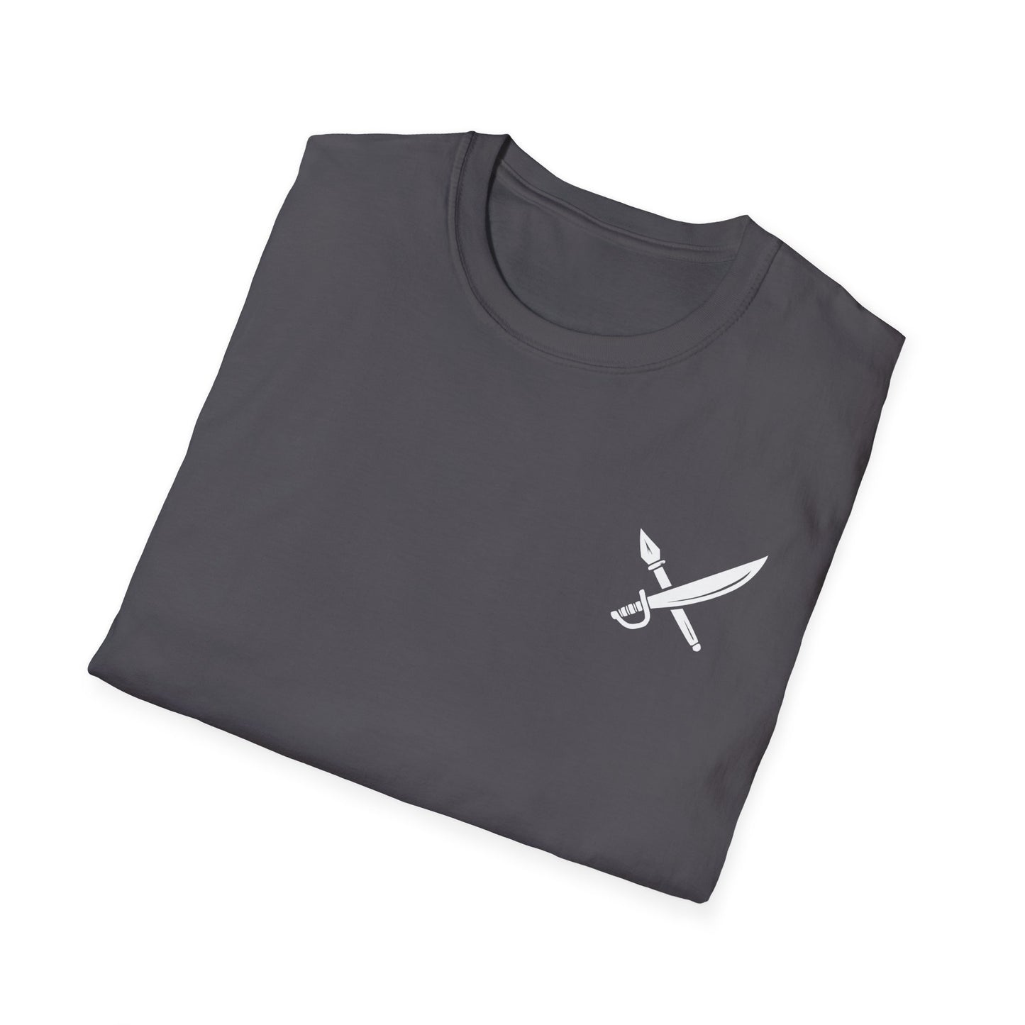 Folded gray t-shirt with a white logo on a white background