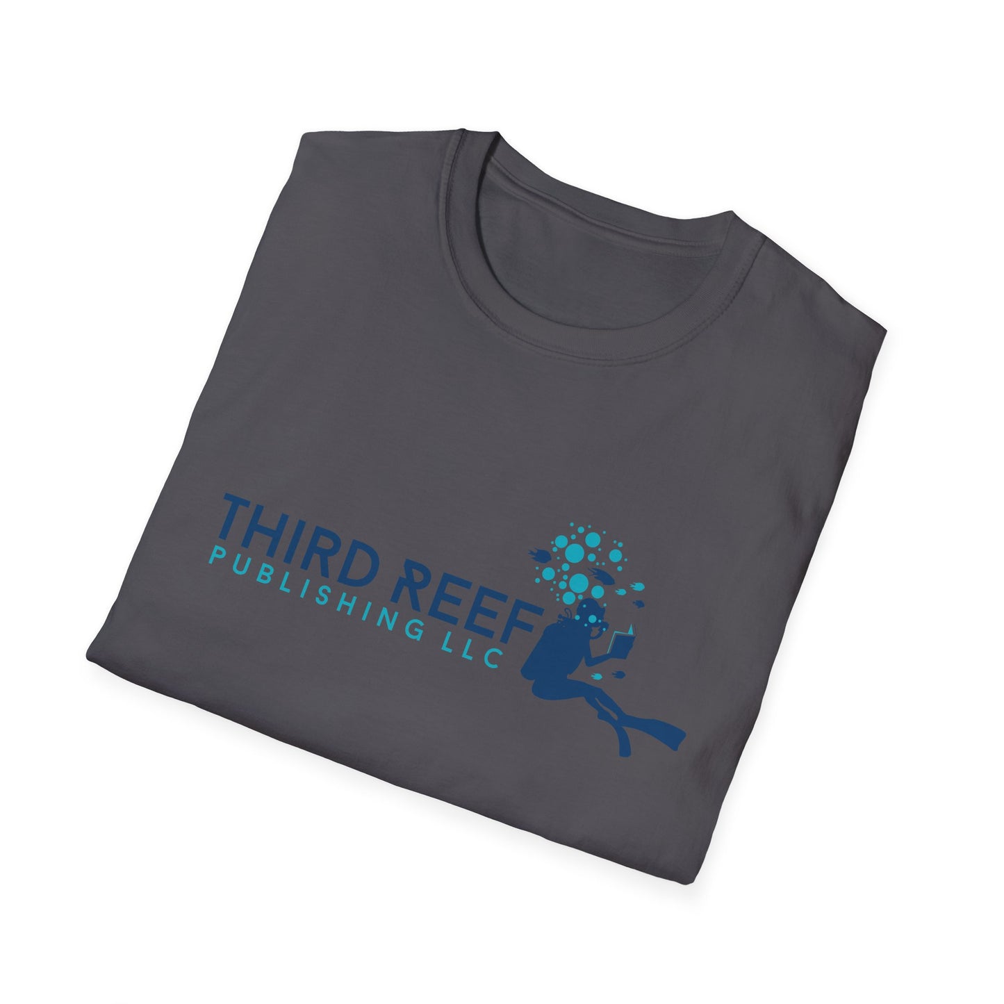 Folded gray t-shirt with blue 'Third Reef Publishing LLC' logo on a white background