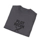 Folded gray t-shirt with 'Plot Recon' text and sword graphic on a white background