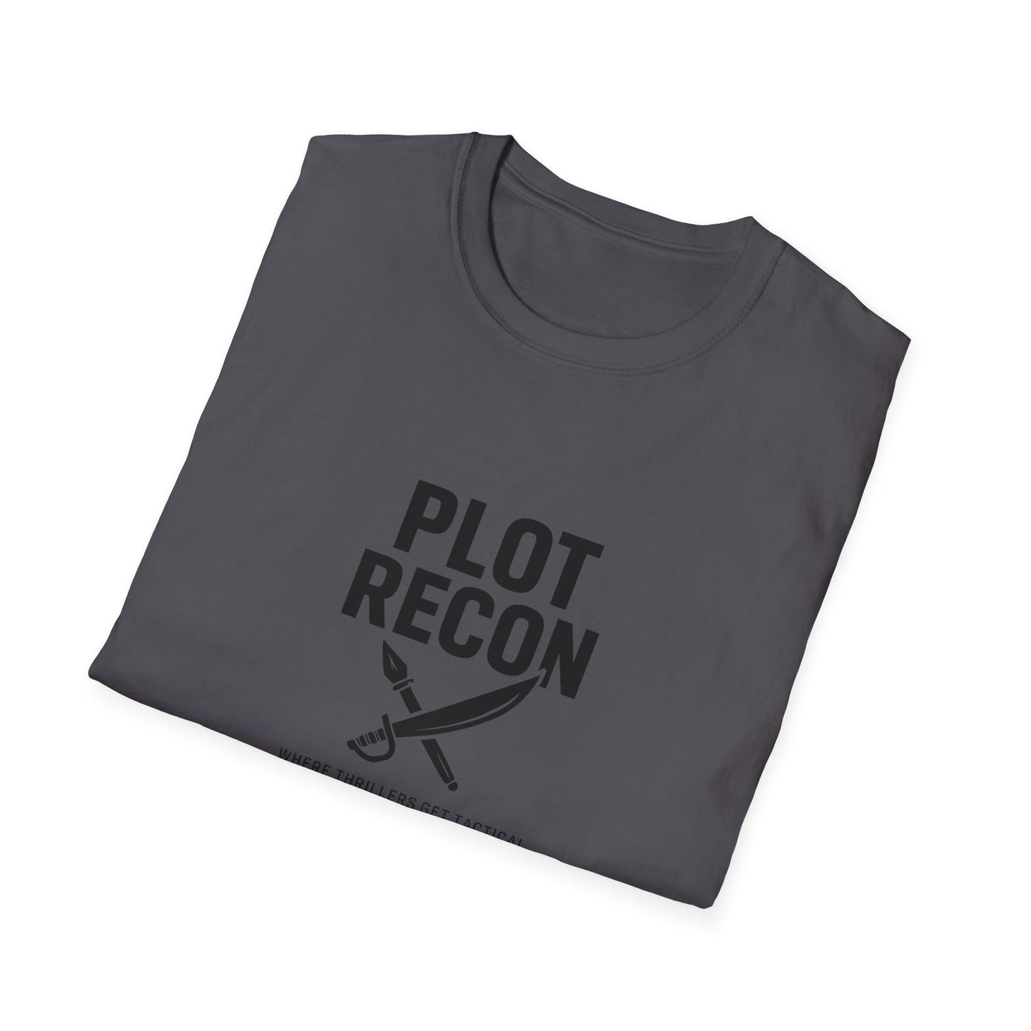 Folded gray t-shirt with 'Plot Recon' text and sword graphic on a white background