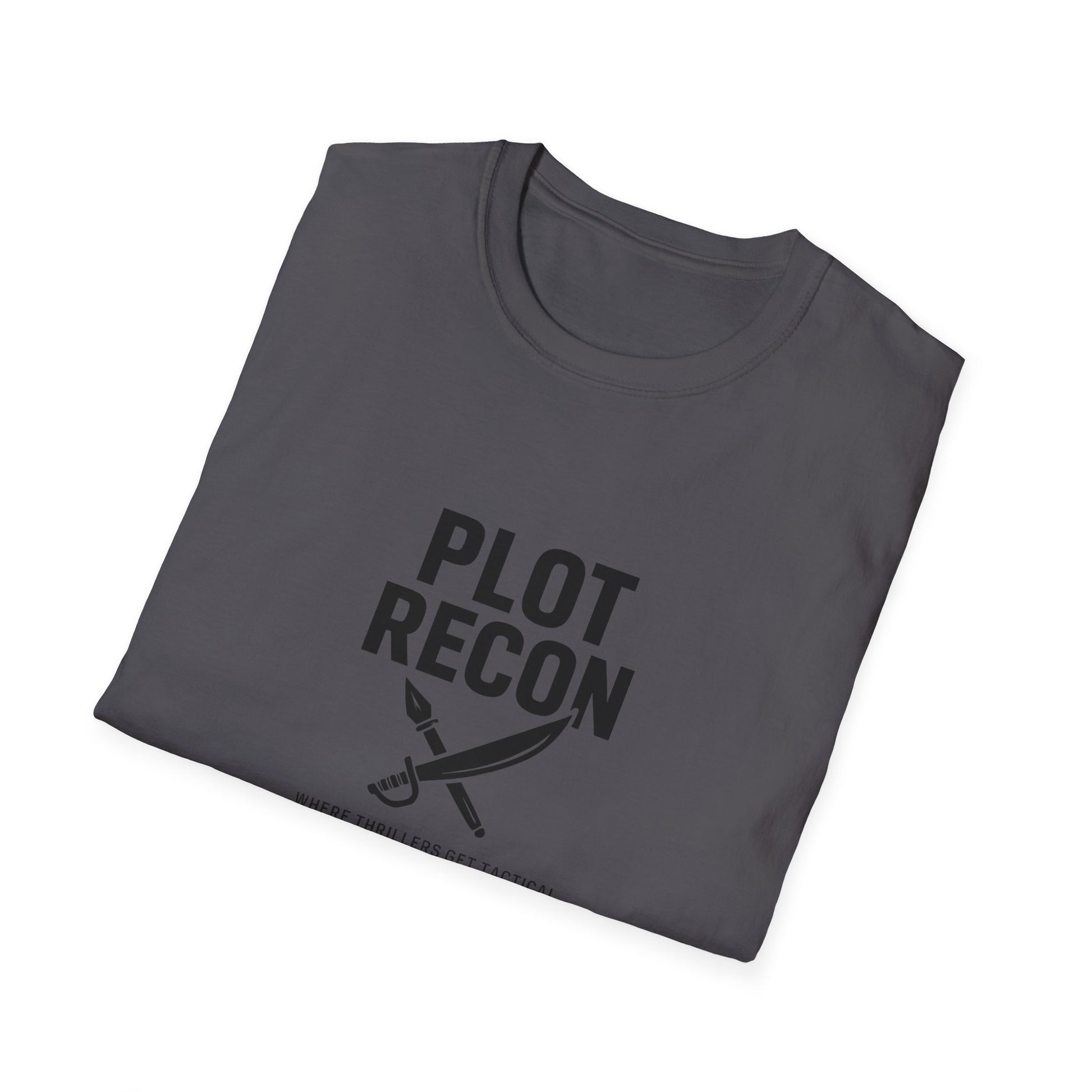 Folded gray t-shirt with 'Plot Recon' text and sword graphic on a white background