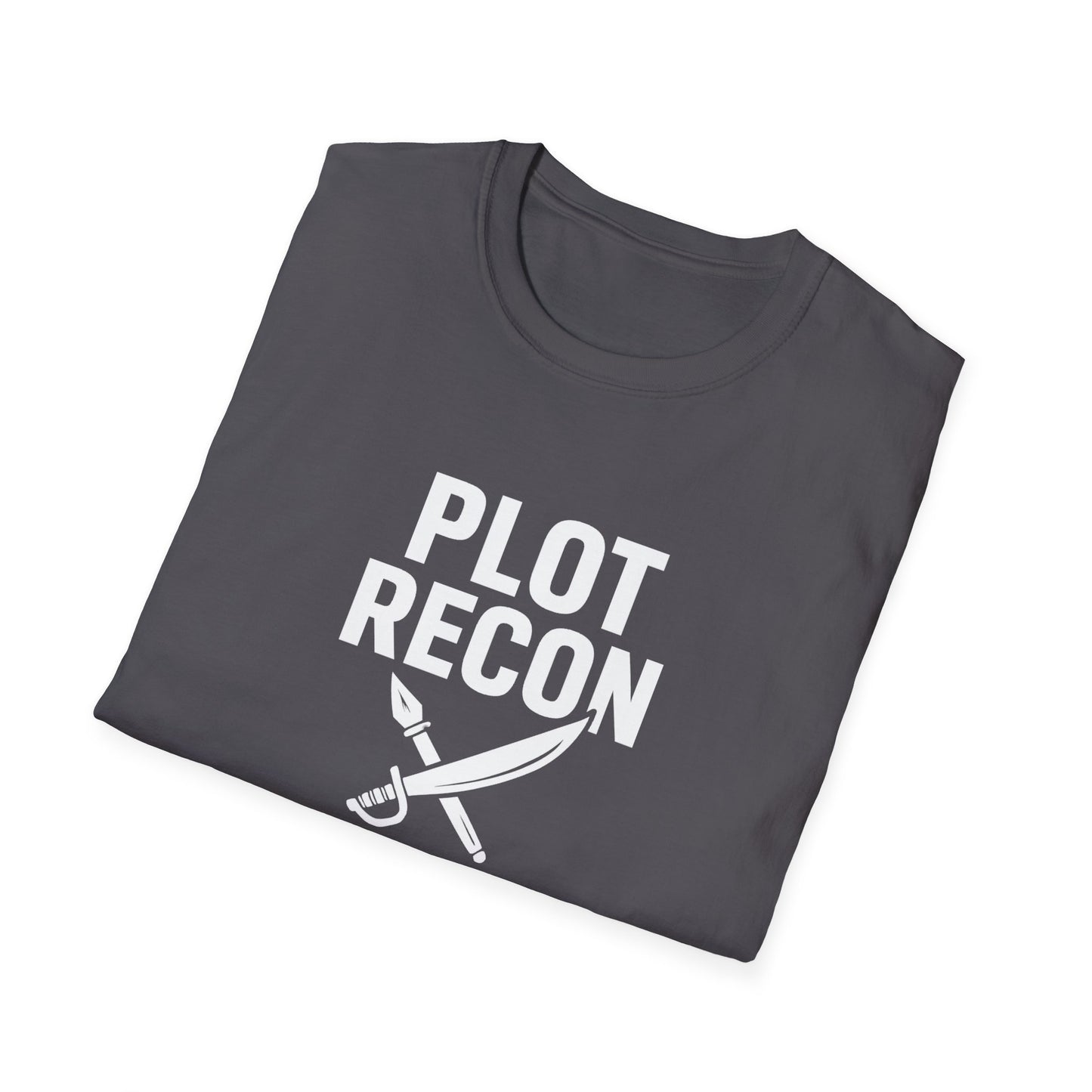 Folded dark gray t-shirt with 'PLOT RECON' text and crossed swords graphic on a white background