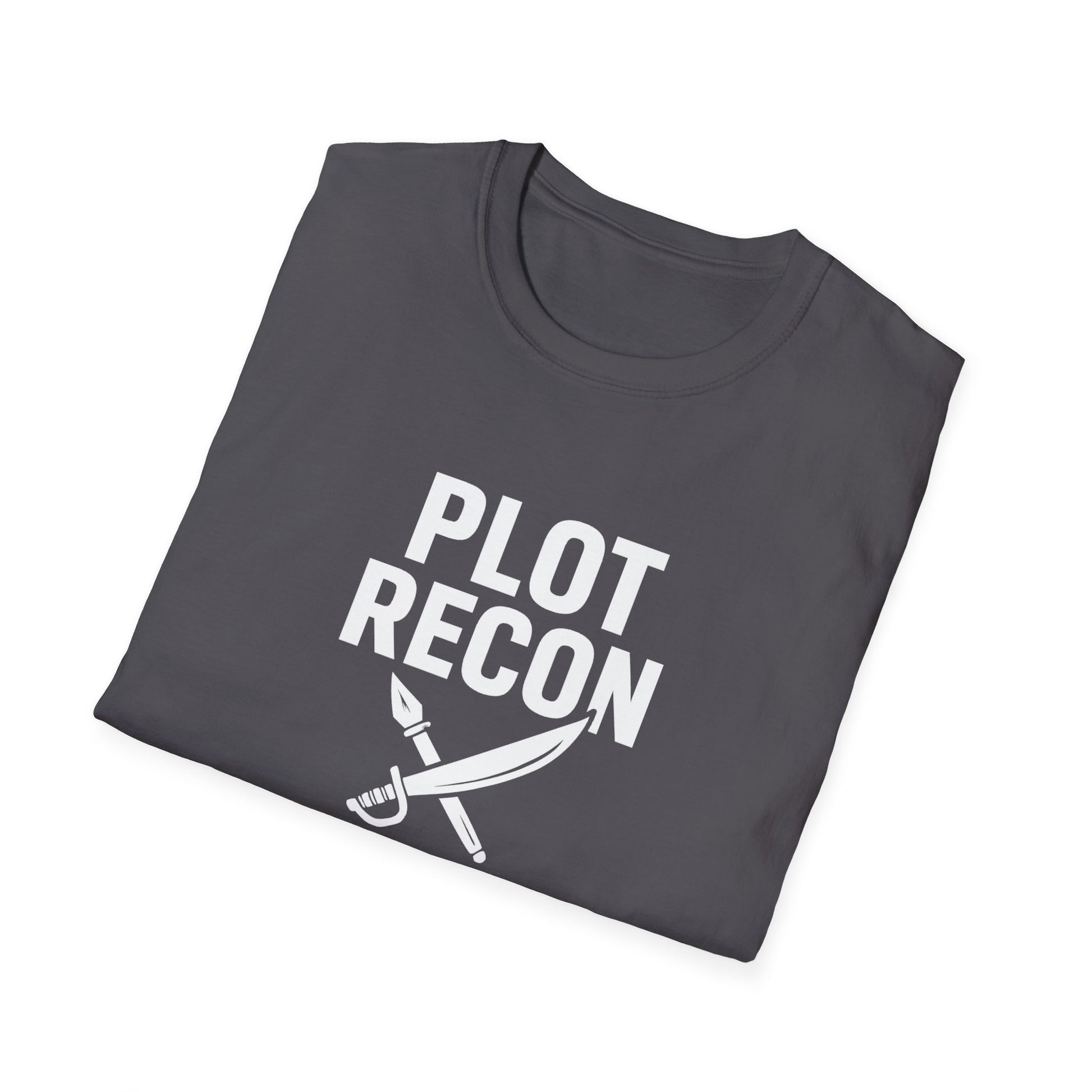 Folded dark gray t-shirt with 'PLOT RECON' text and crossed swords graphic on a white background