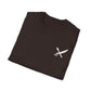 Folded black t-shirt with a white dagger logo on a white background