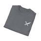 Folded gray t-shirt with a white logo on a white background