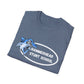 Folded blue t-shirt with a shark graphic and text on a white background