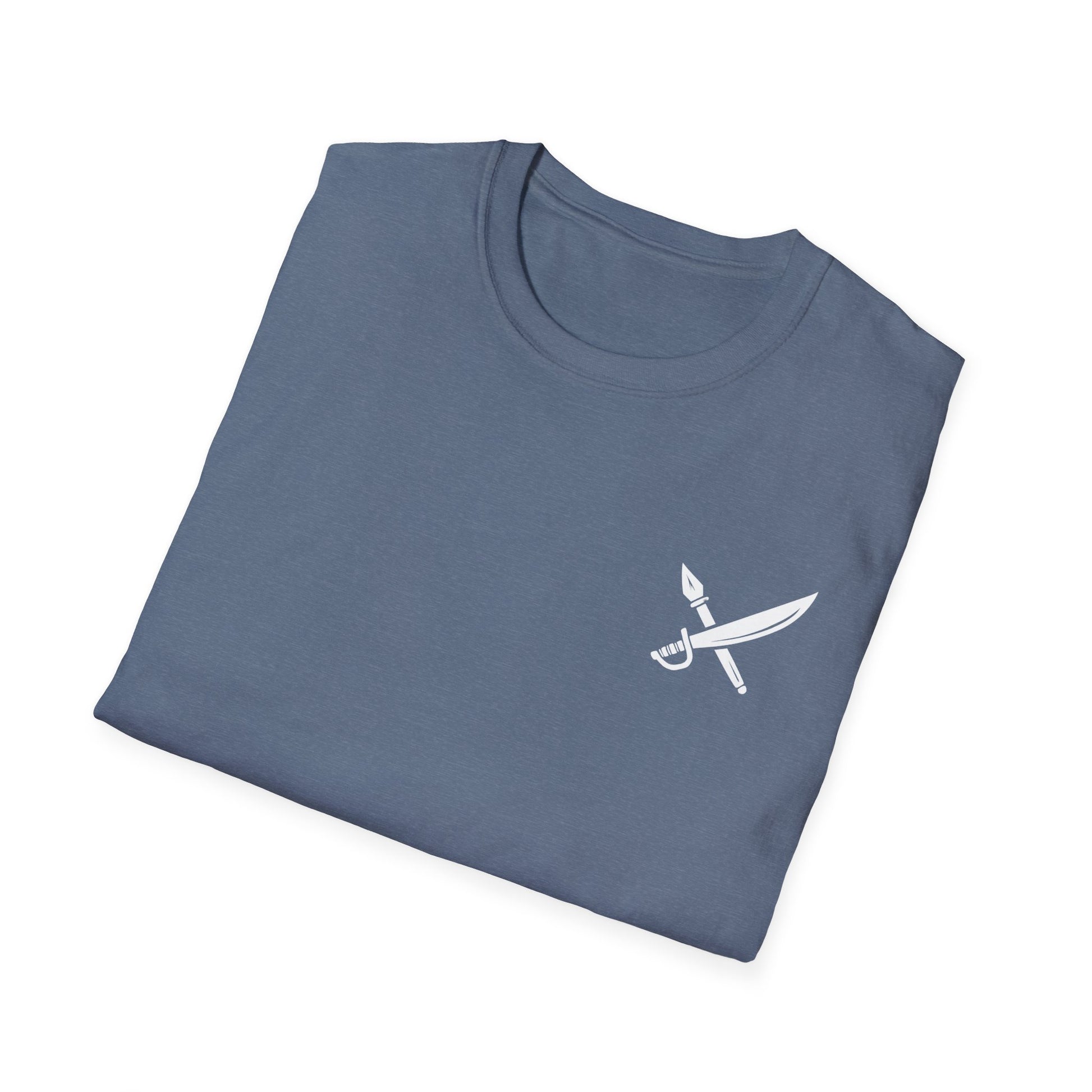 Folded blue t-shirt with a white logo on a white background