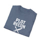 Folded blue t-shirt with 'PLOT RECON' text and sword graphic on a white background