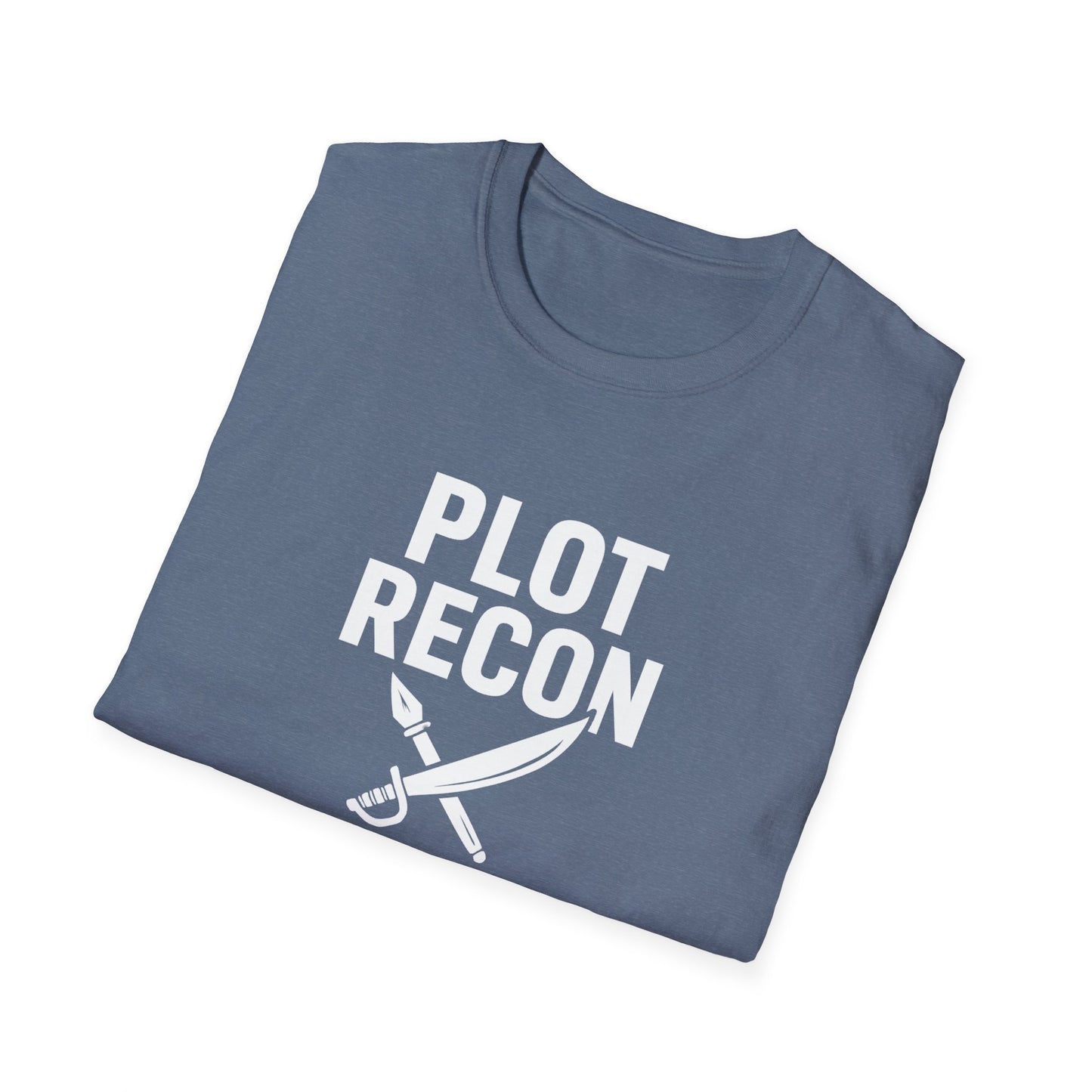 Folded blue t-shirt with 'PLOT RECON' text and sword graphic on a white background