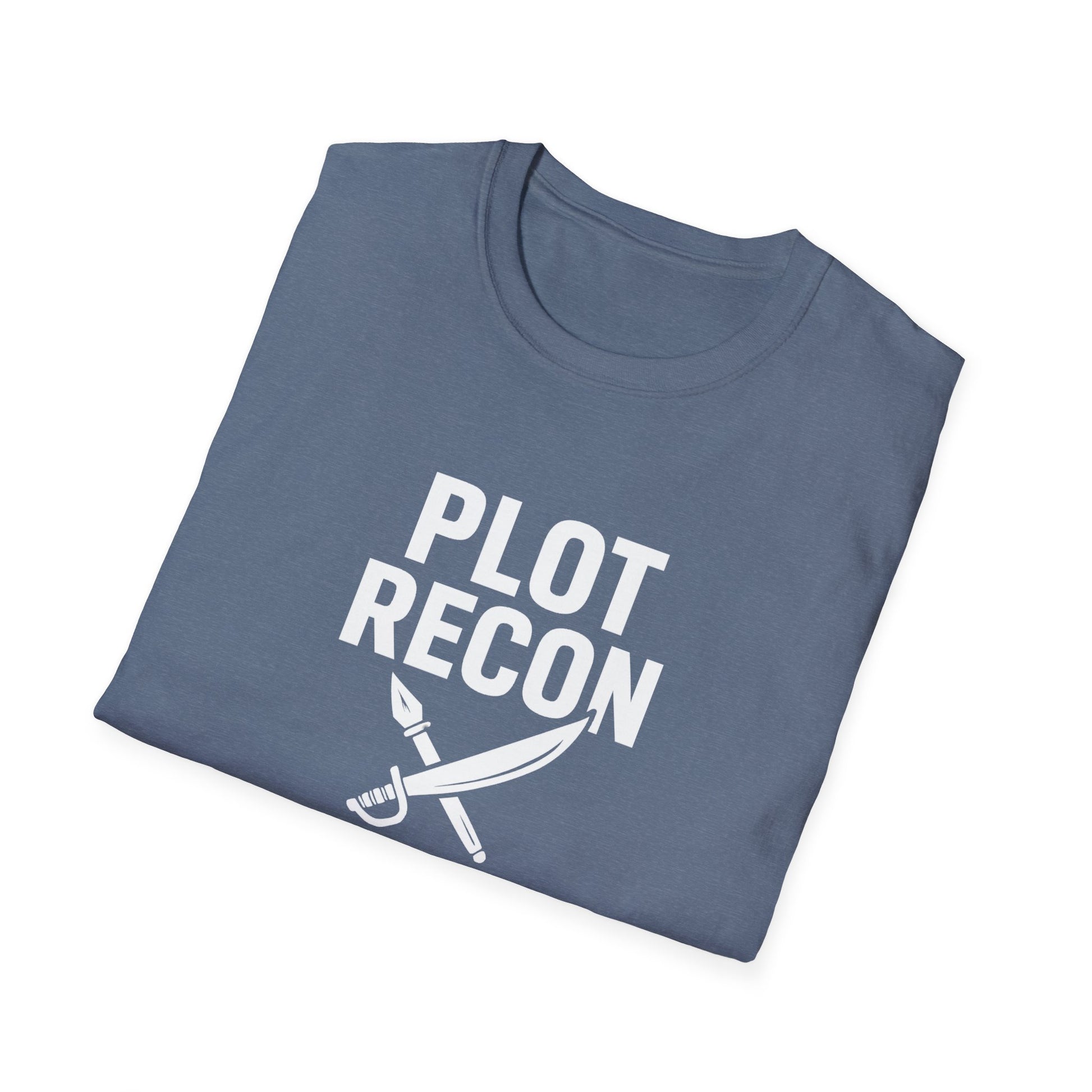 Folded blue t-shirt with 'PLOT RECON' text and sword graphic on a white background