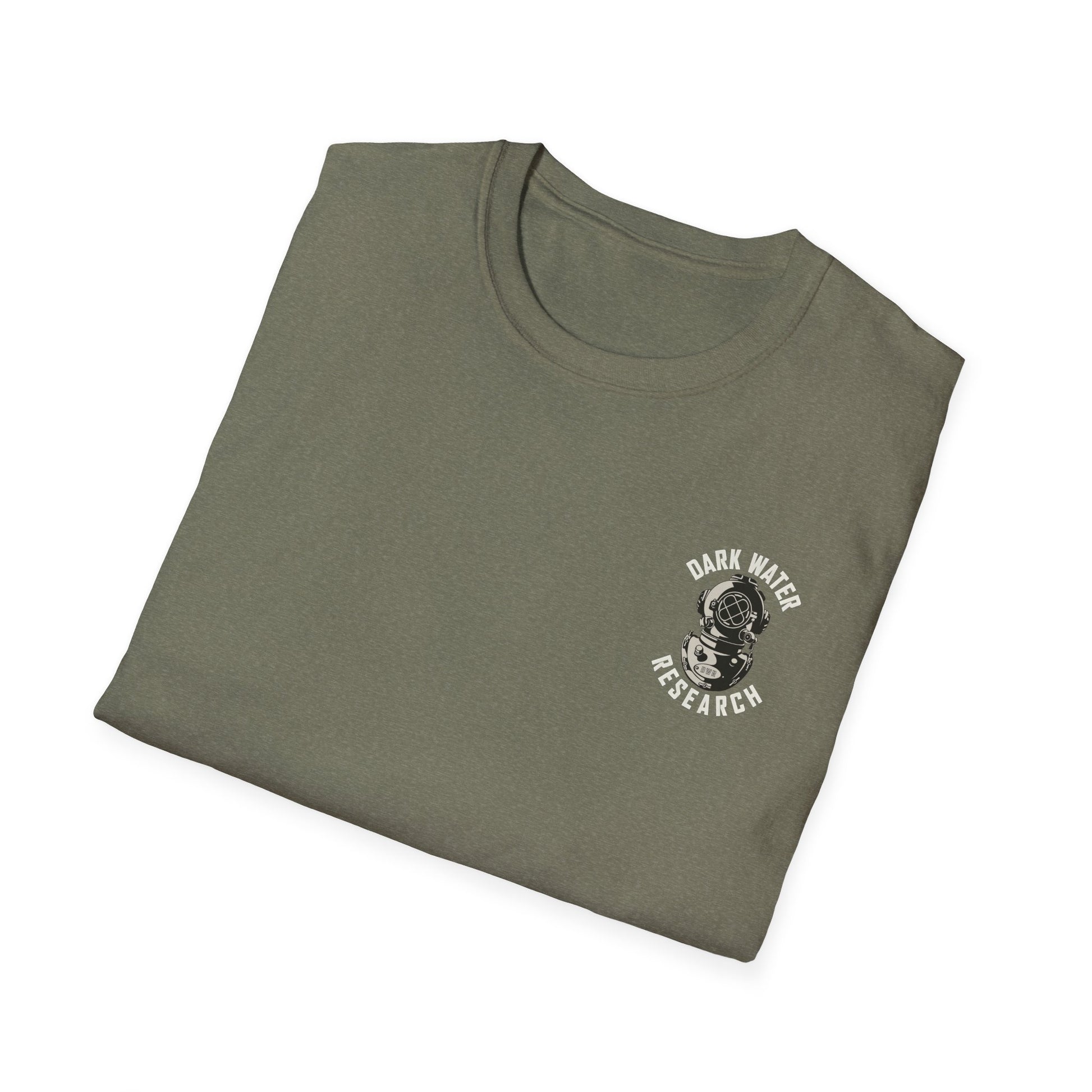Folded green t-shirt with 'Dark Water Research' logo on a white background