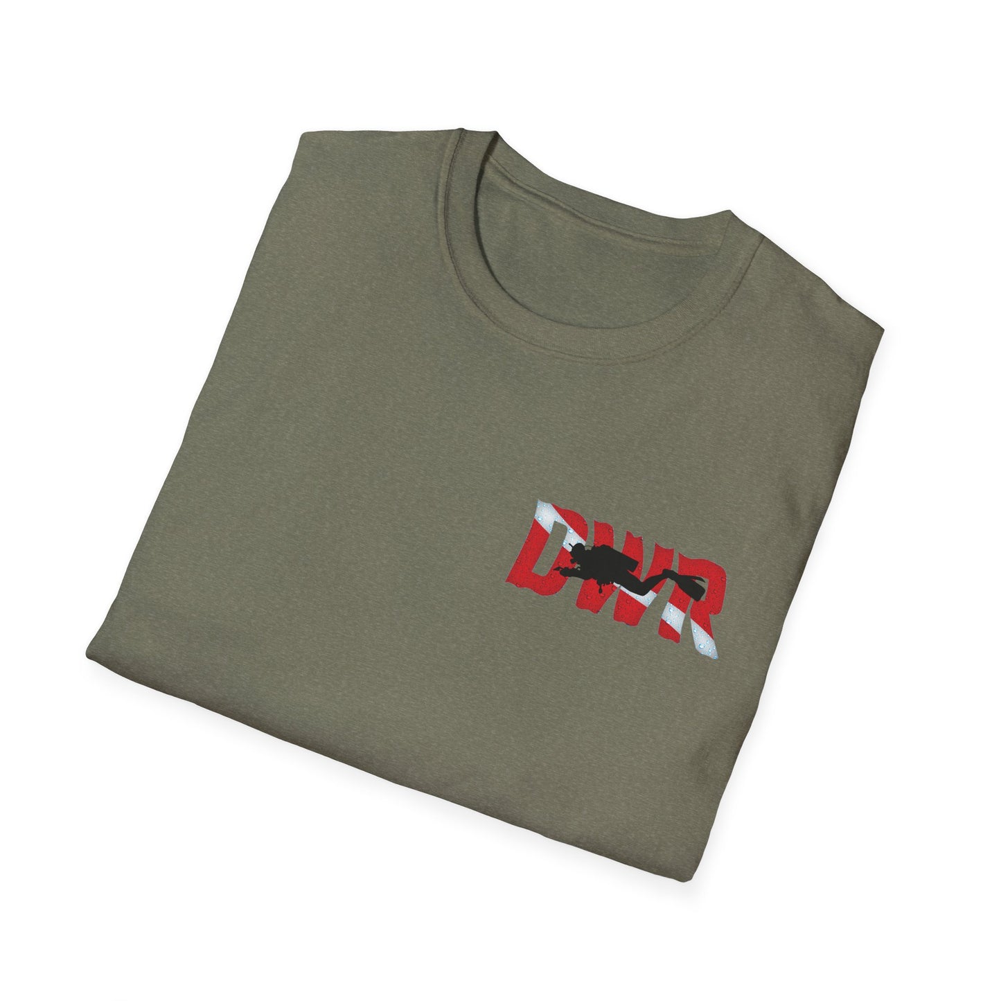 Folded olive green t-shirt with a 'Dive' logo on a white background