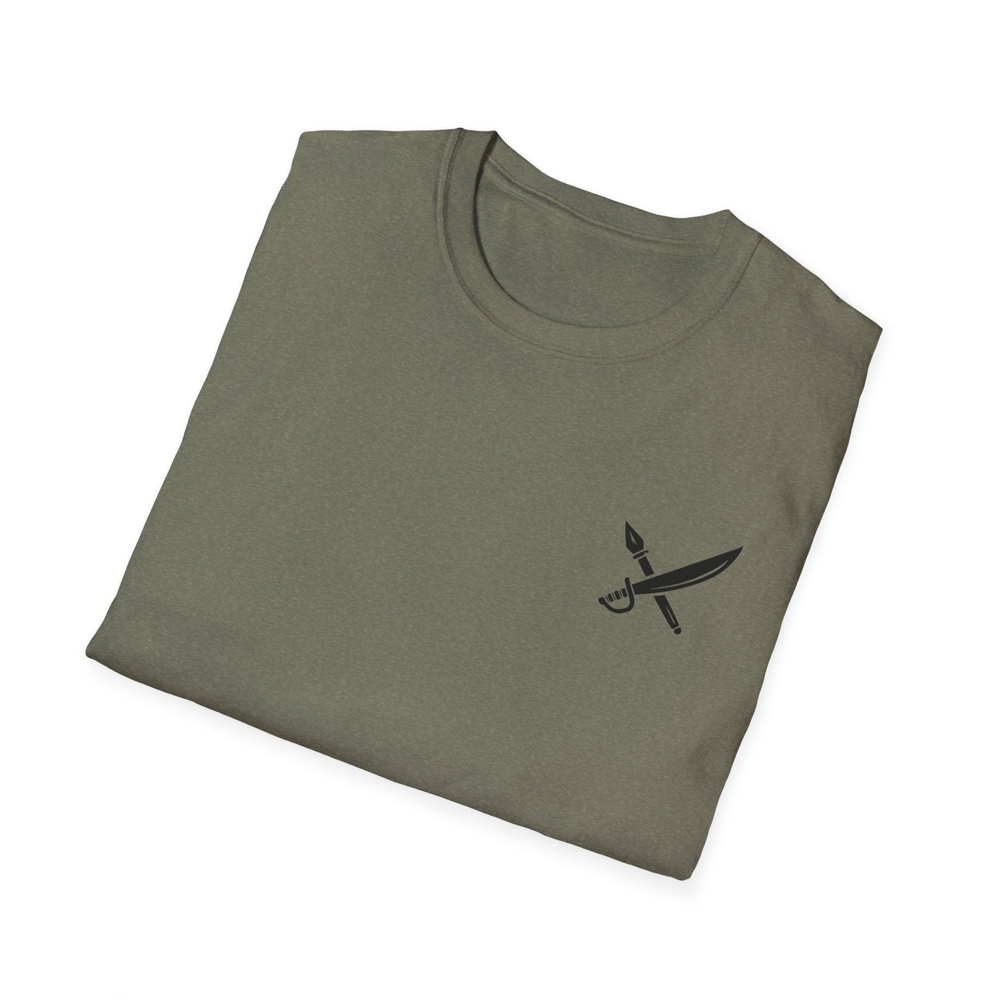 Folded olive green t-shirt with a black logo on a white background