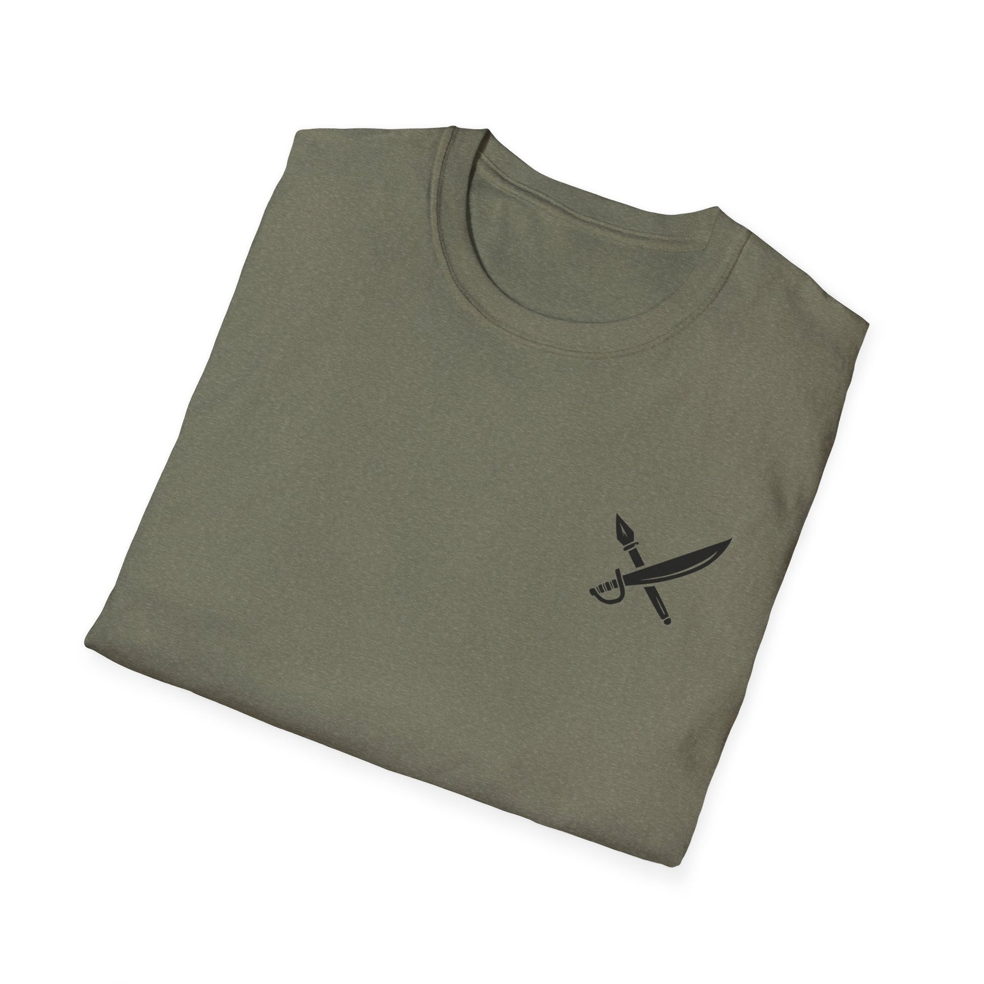 Folded olive green t-shirt with a black logo on a white background