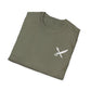 Folded olive green t-shirt with a white logo on a white background