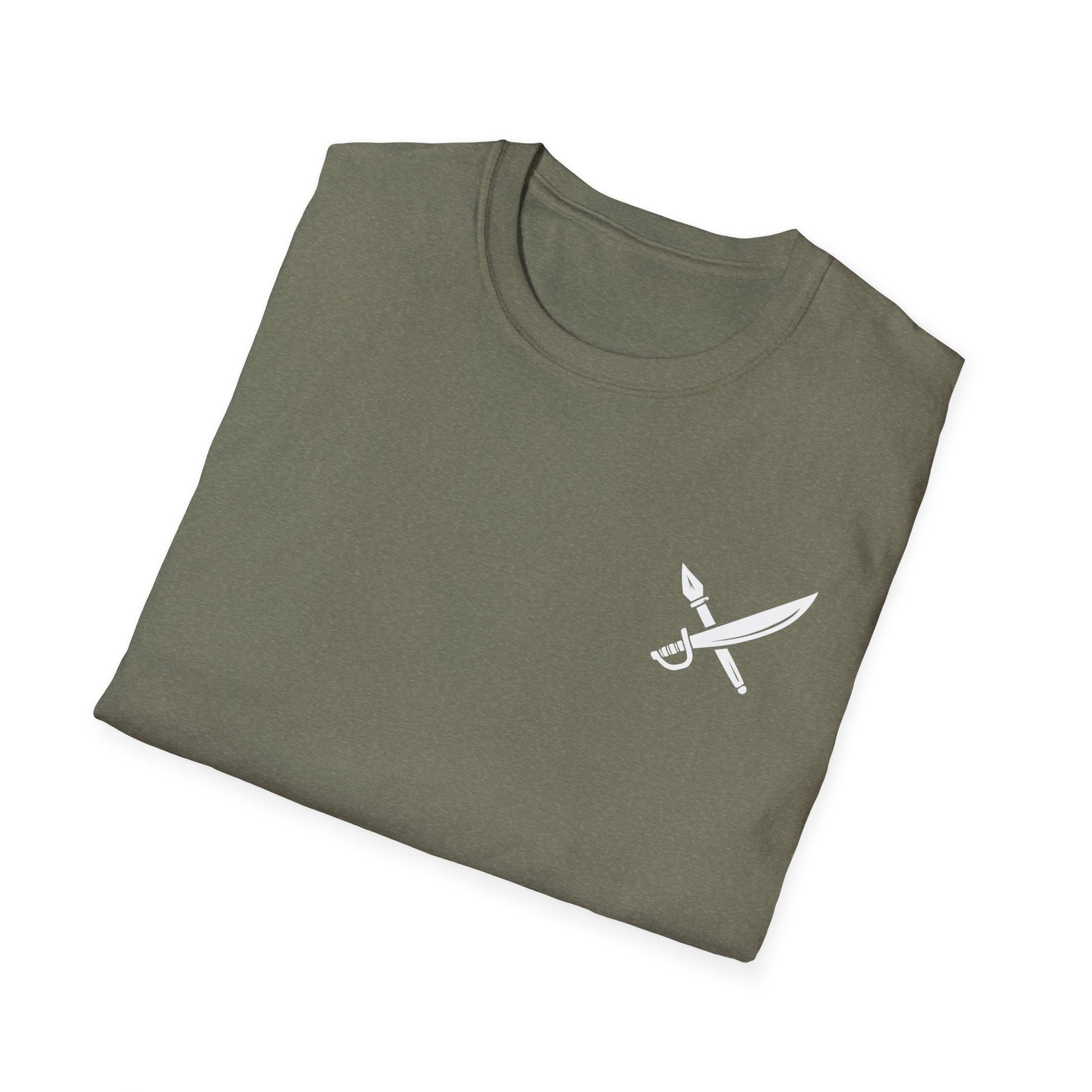 Folded olive green t-shirt with a white logo on a white background