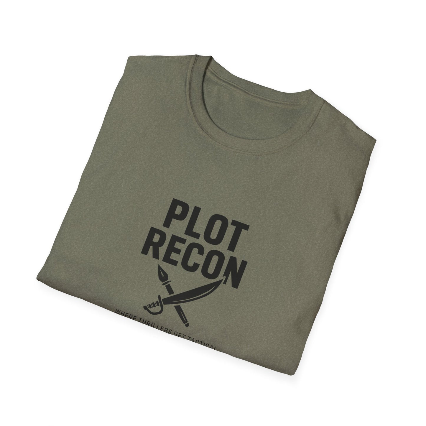Folded green t-shirt with 'Plot Recon' text and dagger graphic on a white background