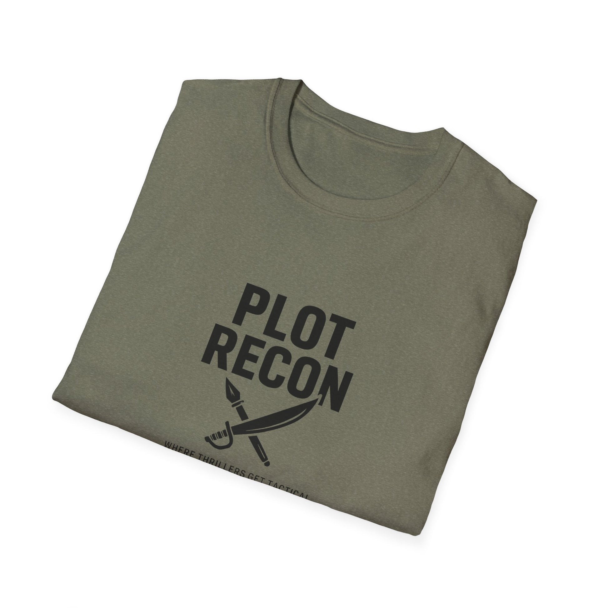 Folded green t-shirt with 'Plot Recon' text and dagger graphic on a white background