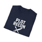 Folded navy blue t-shirt with 'PLOT RECON' text and sword graphic on a white background