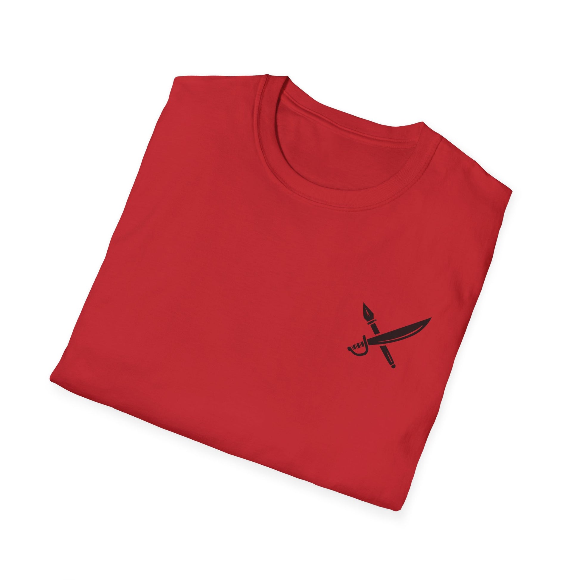 Folded red t-shirt with a black logo on a white background