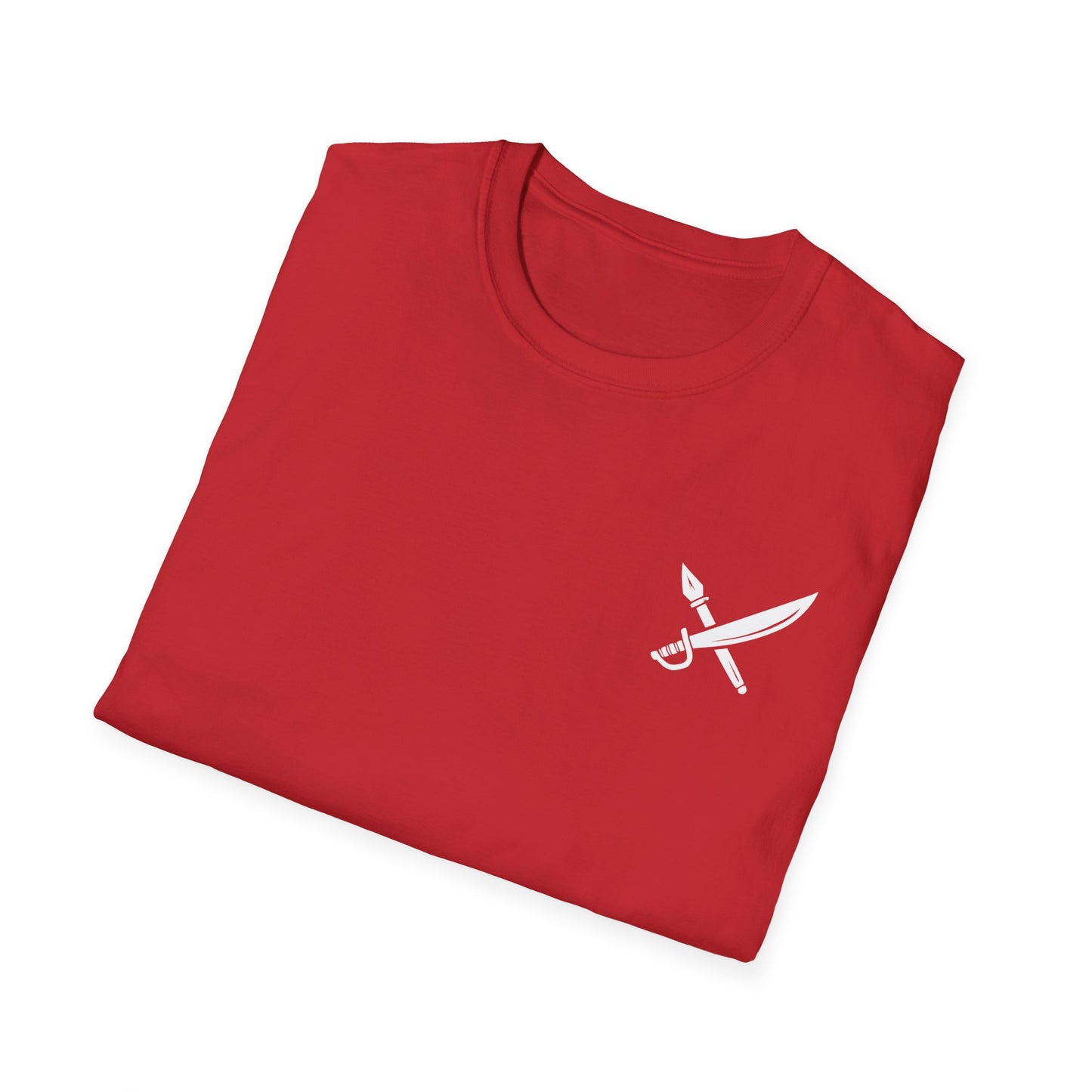 Folded red t-shirt with a white logo on a white background