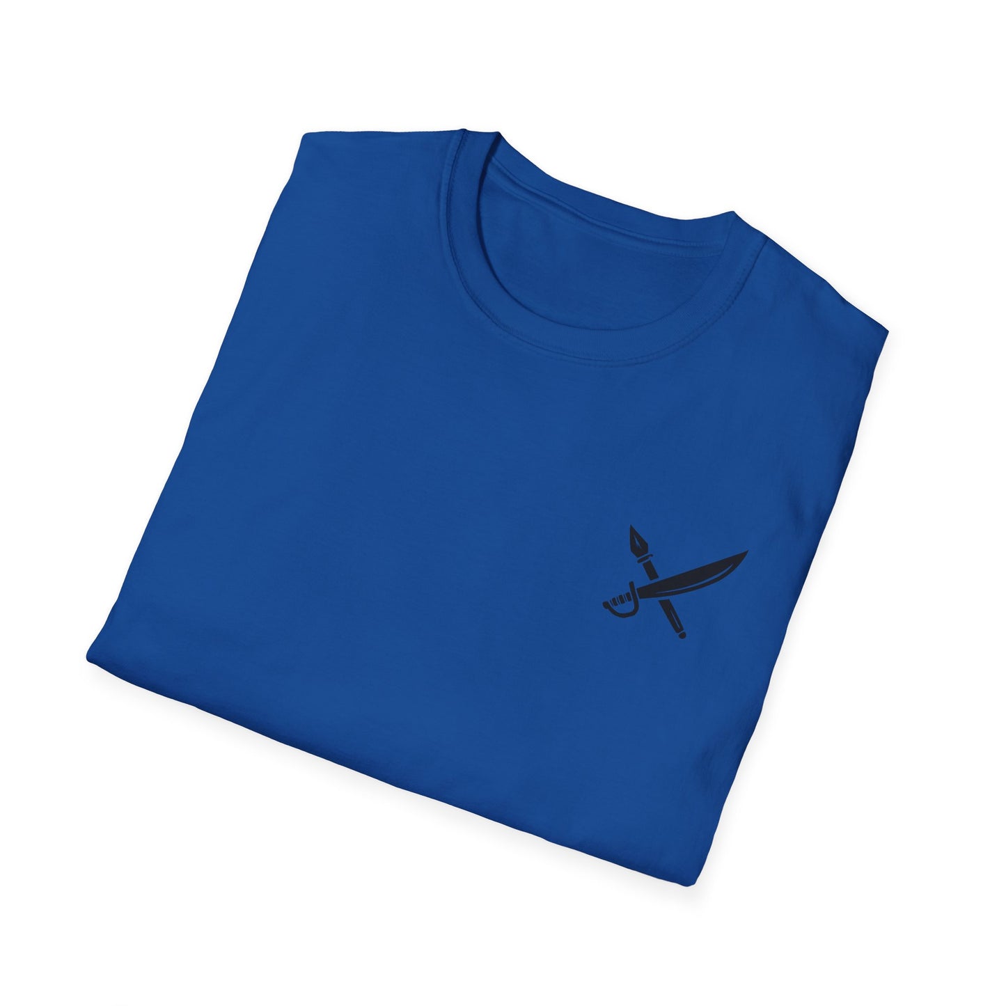 Folded blue t-shirt with a black logo on a white background
