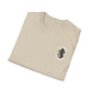 Folded beige t-shirt with a graphic design on a white background