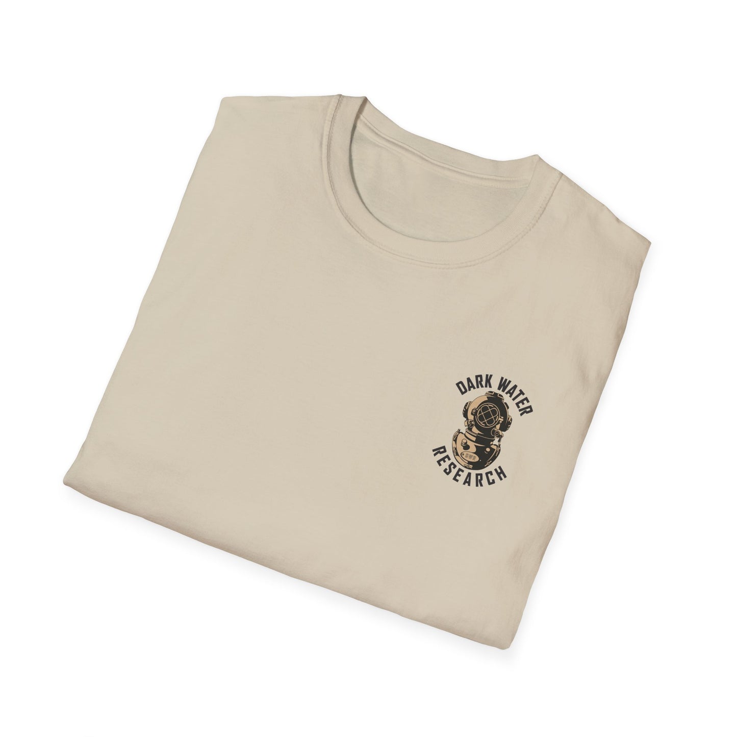 Folded beige t-shirt with 'Dark Water Research' logo on a white background