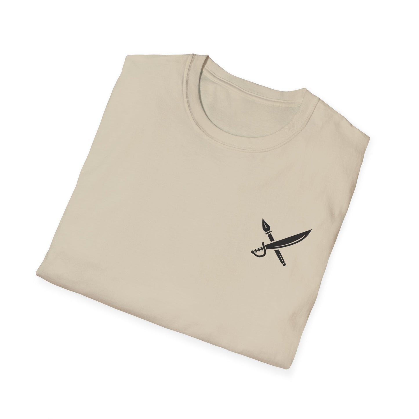 Folded beige t-shirt with a black dagger design on a white background