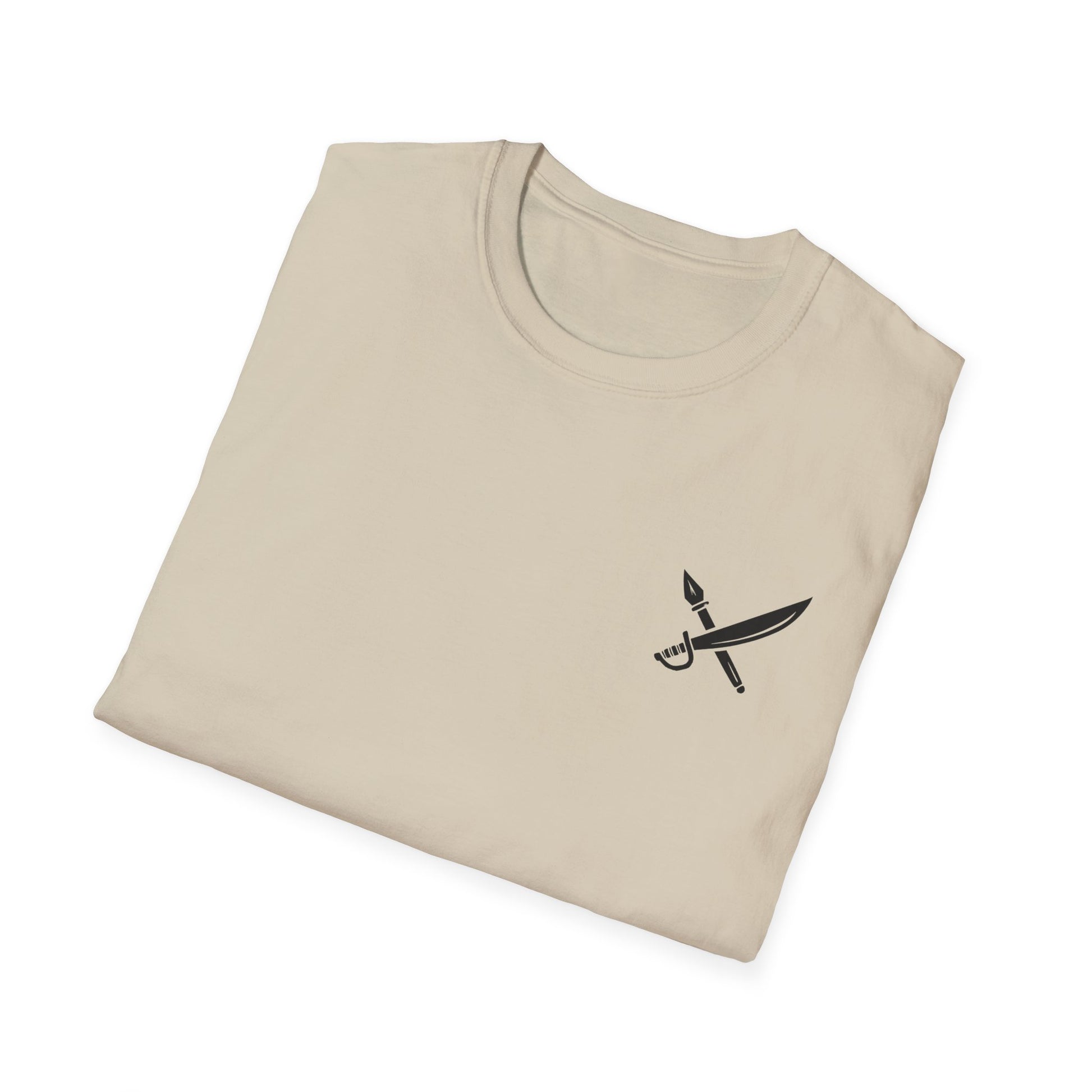 Folded beige t-shirt with a black dagger design on a white background