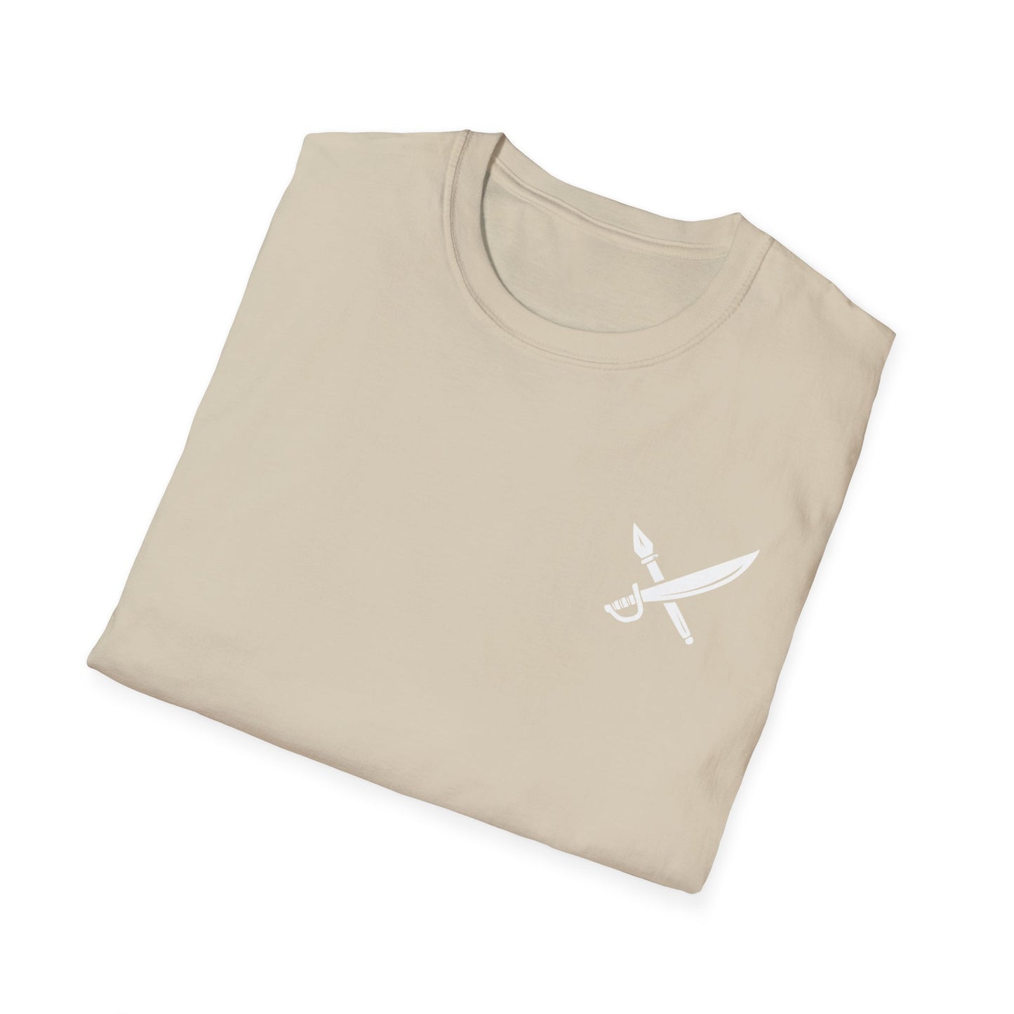 Folded beige t-shirt with a white logo on a white background