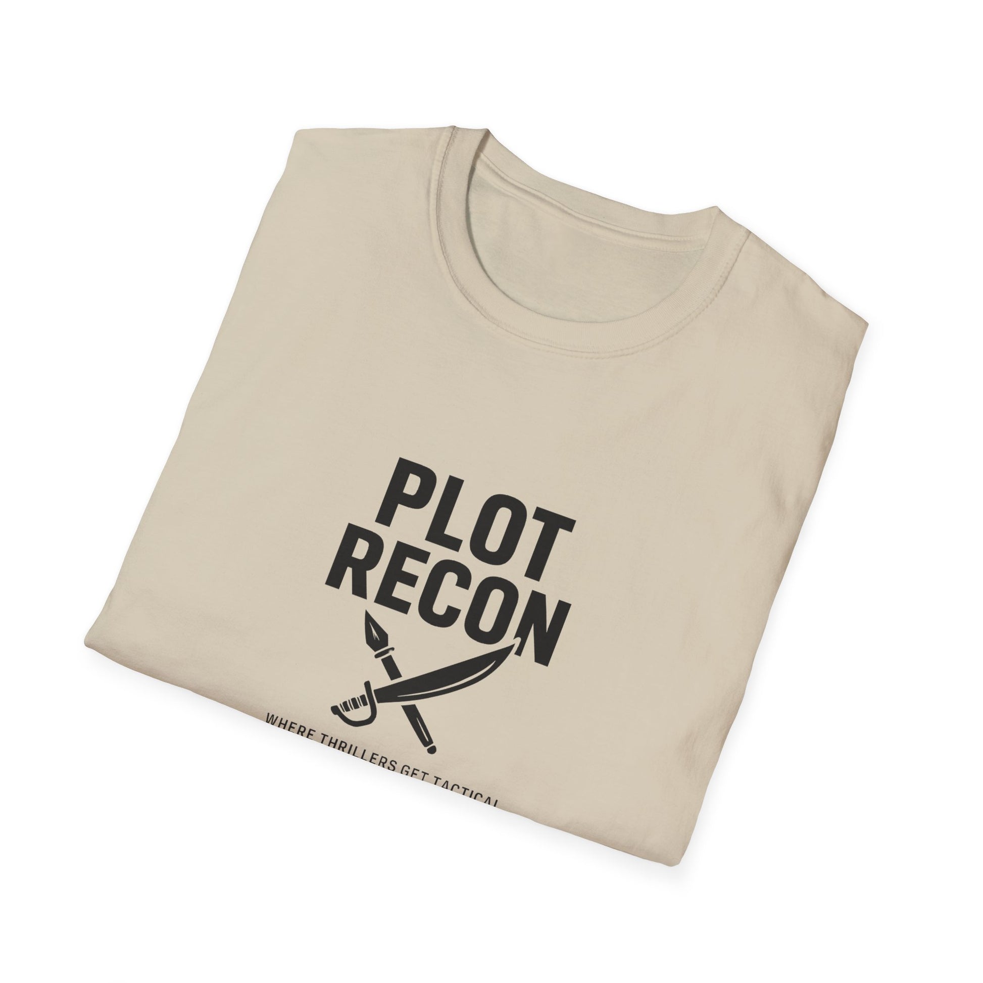 Folded beige t-shirt with 'Plot Recon' text and graphic on a white background
