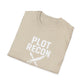 Folded beige t-shirt with 'Plot Recon' text and sword graphic on a white background