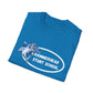 Blue t-shirt with a shark graphic and 'Hammerhead Stunt School' text on a white background