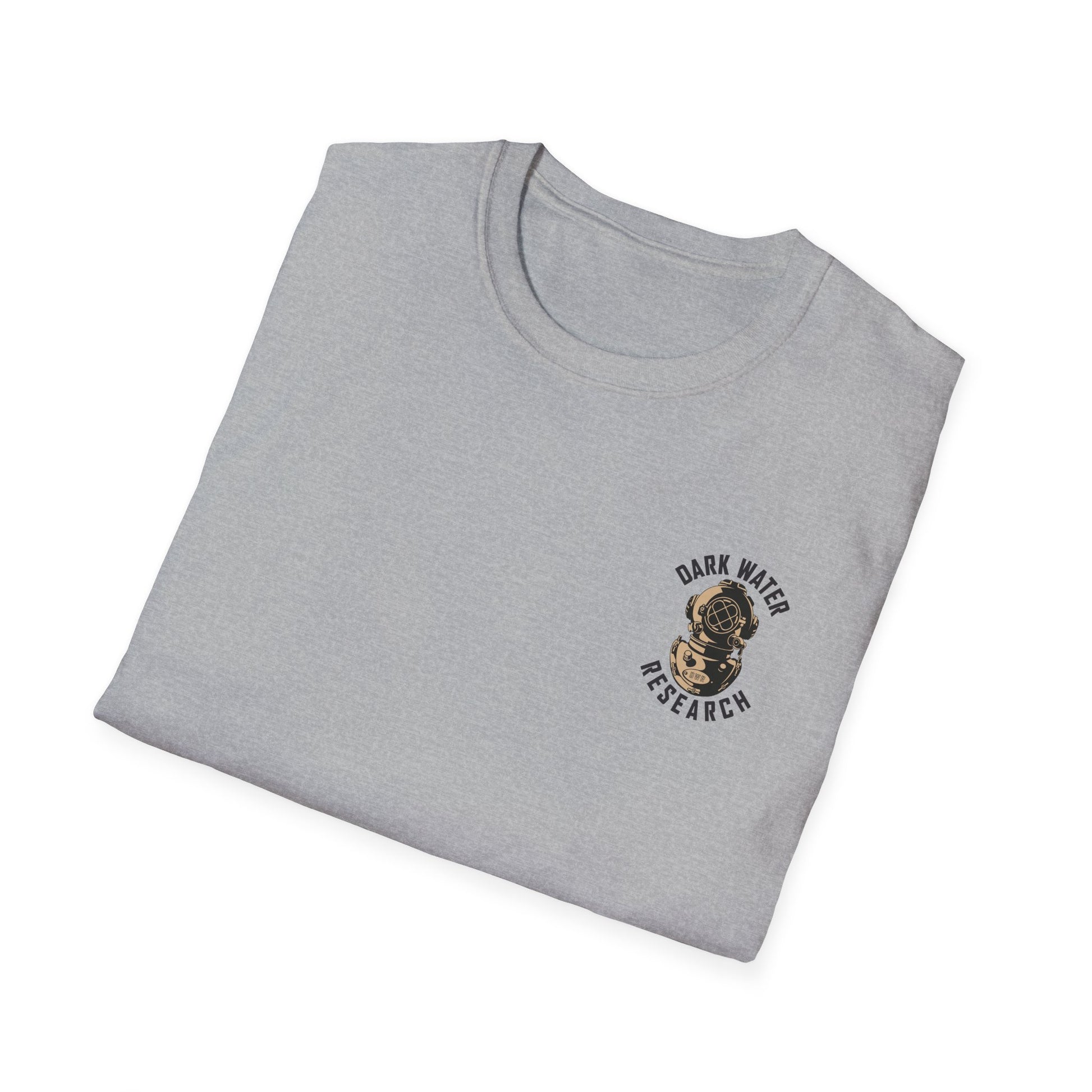 Folded gray t-shirt with 'Dark Water Research' logo on a white background