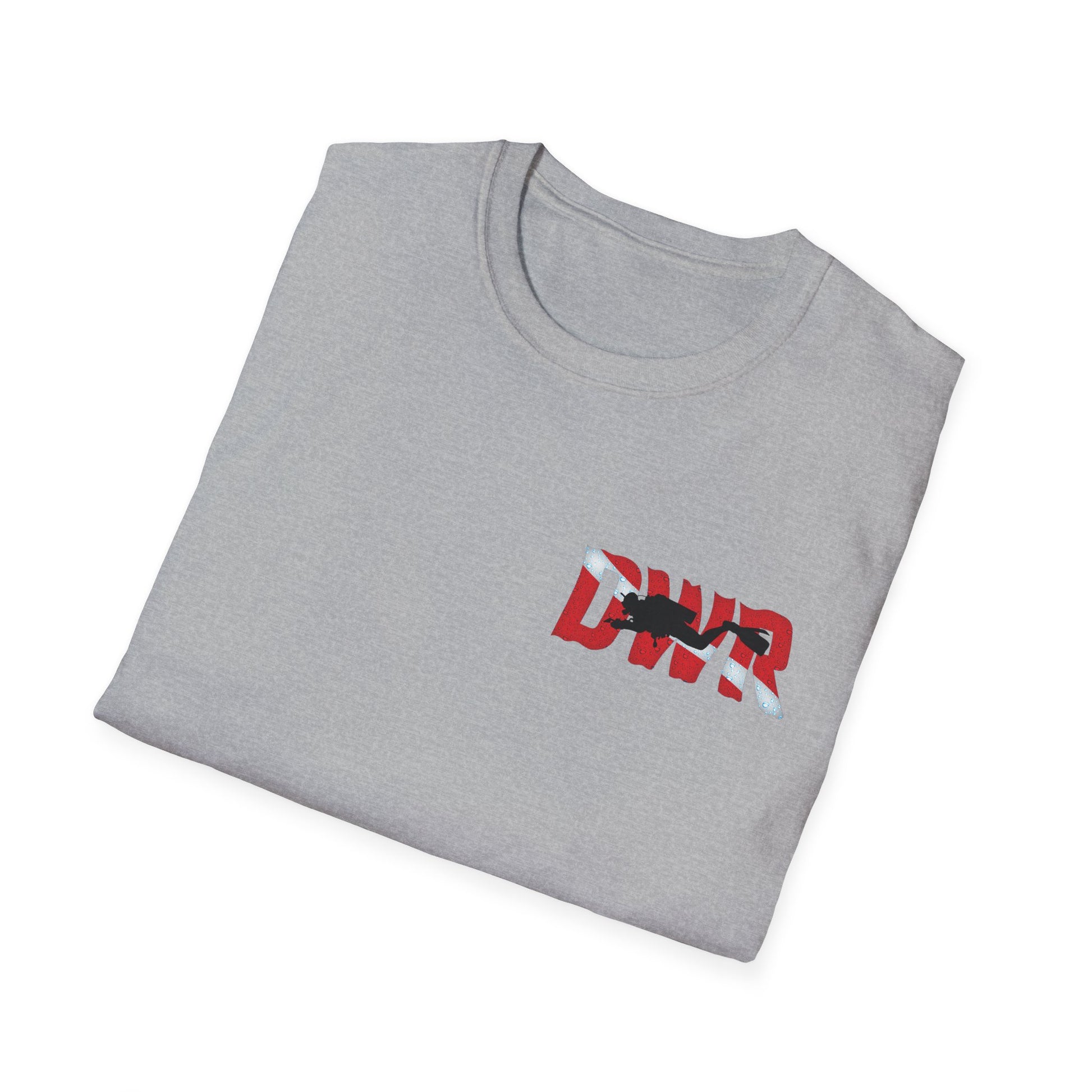 Folded gray t-shirt with a red and black logo on a white background