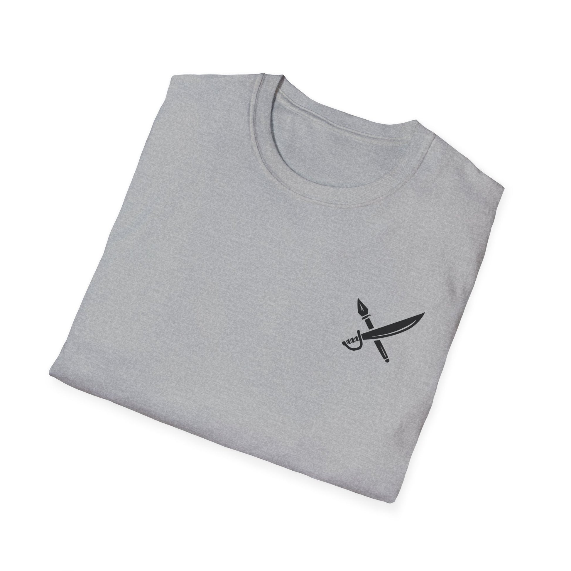 Folded gray t-shirt with a black dagger emblem on a white background