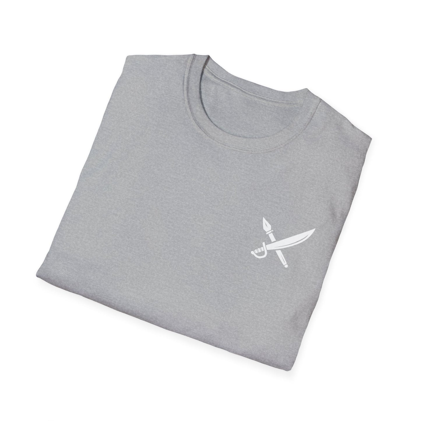 Folded gray t-shirt with a white logo on a white background