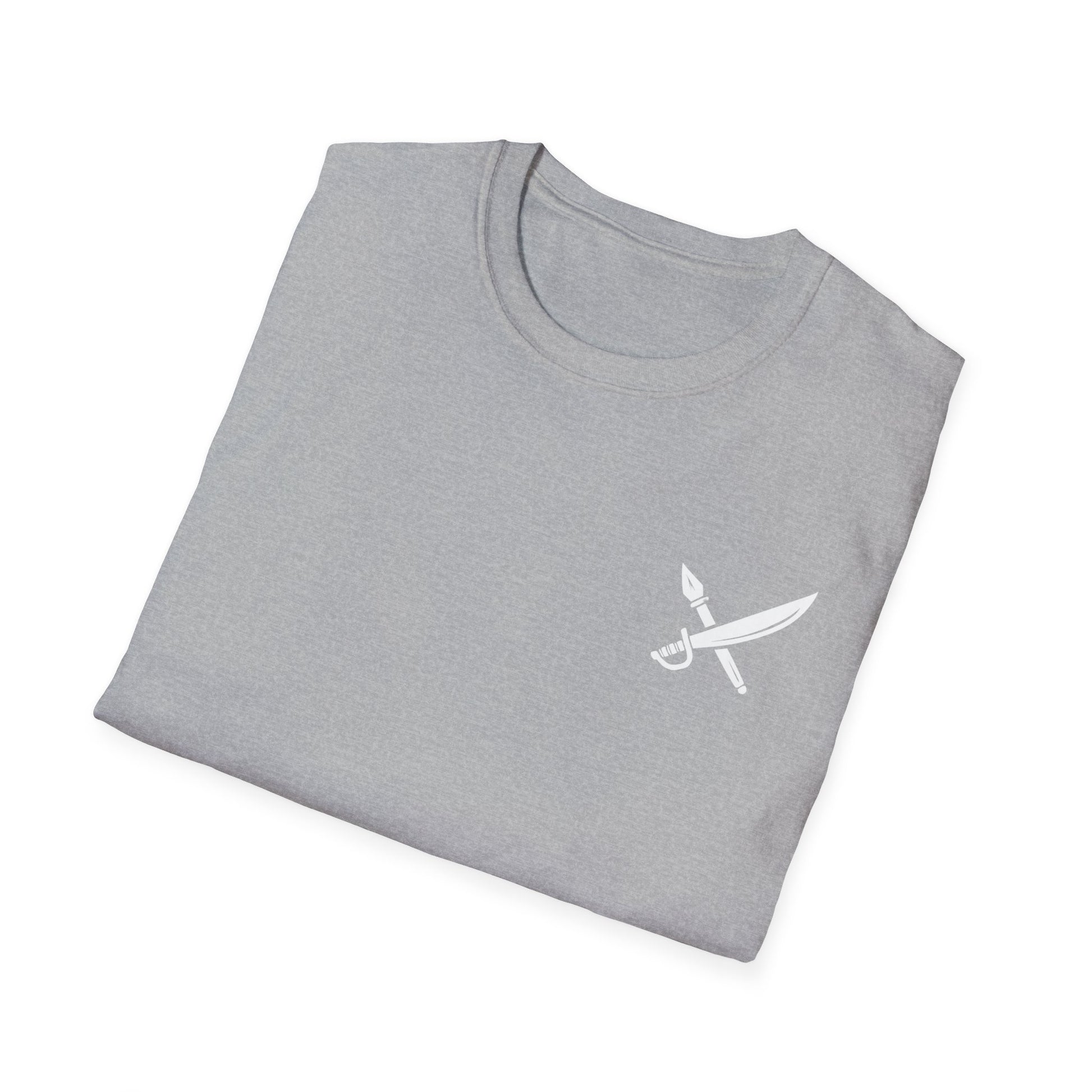 Folded gray t-shirt with a white logo on a white background