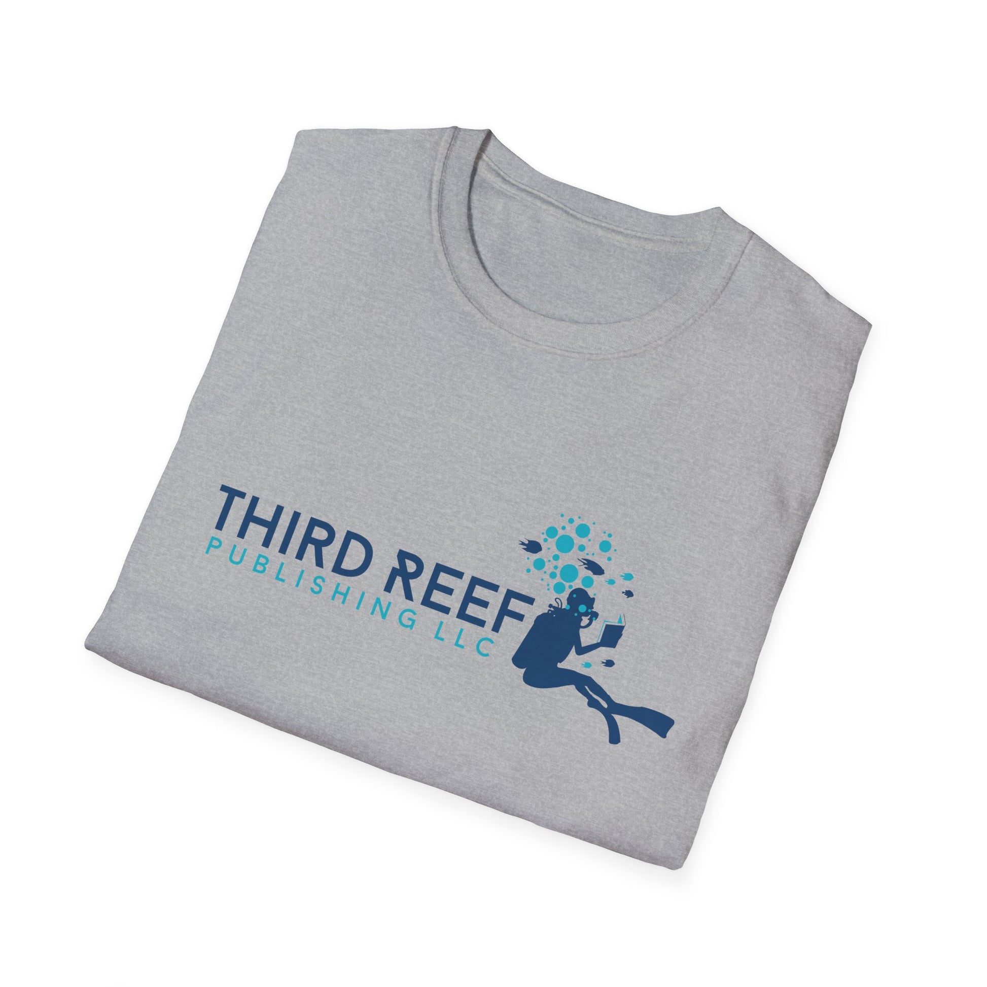 Folded gray t-shirt with Third Reef Publishing LLC logo on a white background