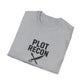 Folded gray t-shirt with 'Plot Recon' text and graphic on a white background