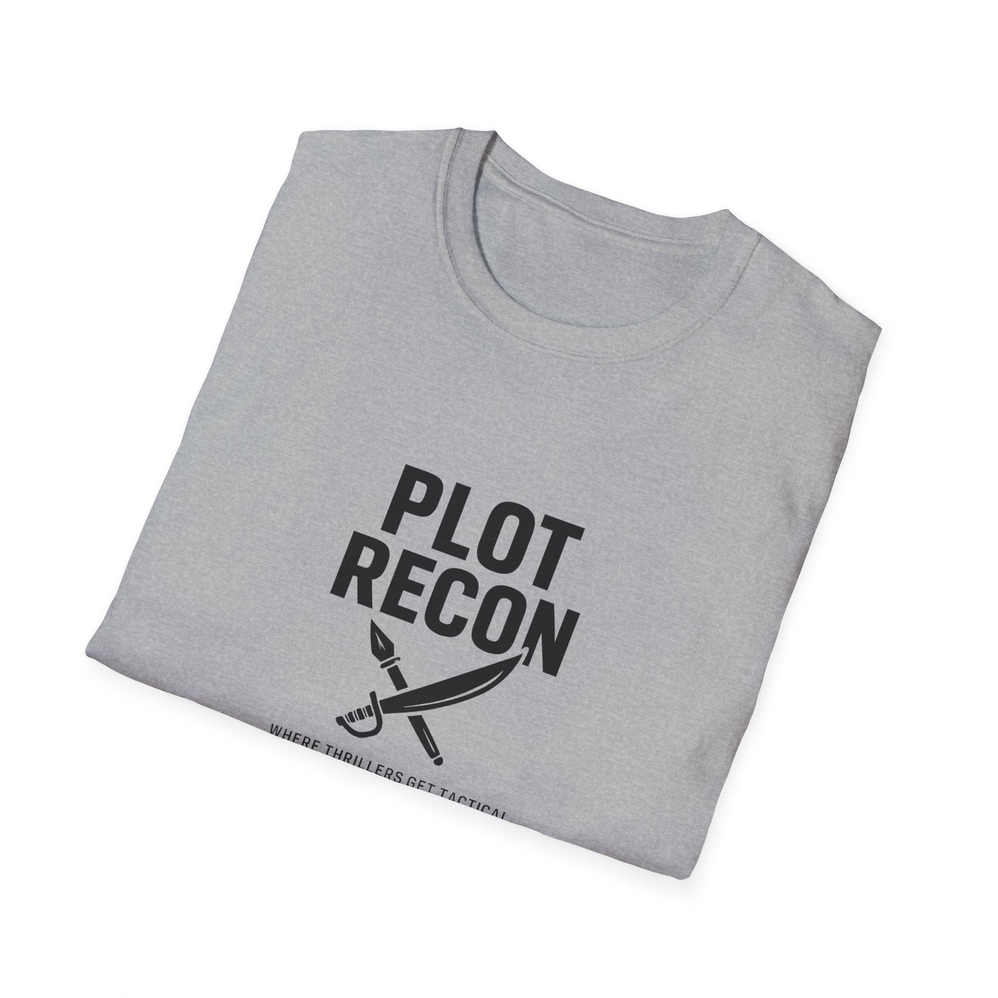 Folded gray t-shirt with 'Plot Recon' text and graphic on a white background