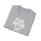 Folded gray t-shirt with 'Plot Recon' text and sword graphic on a white background