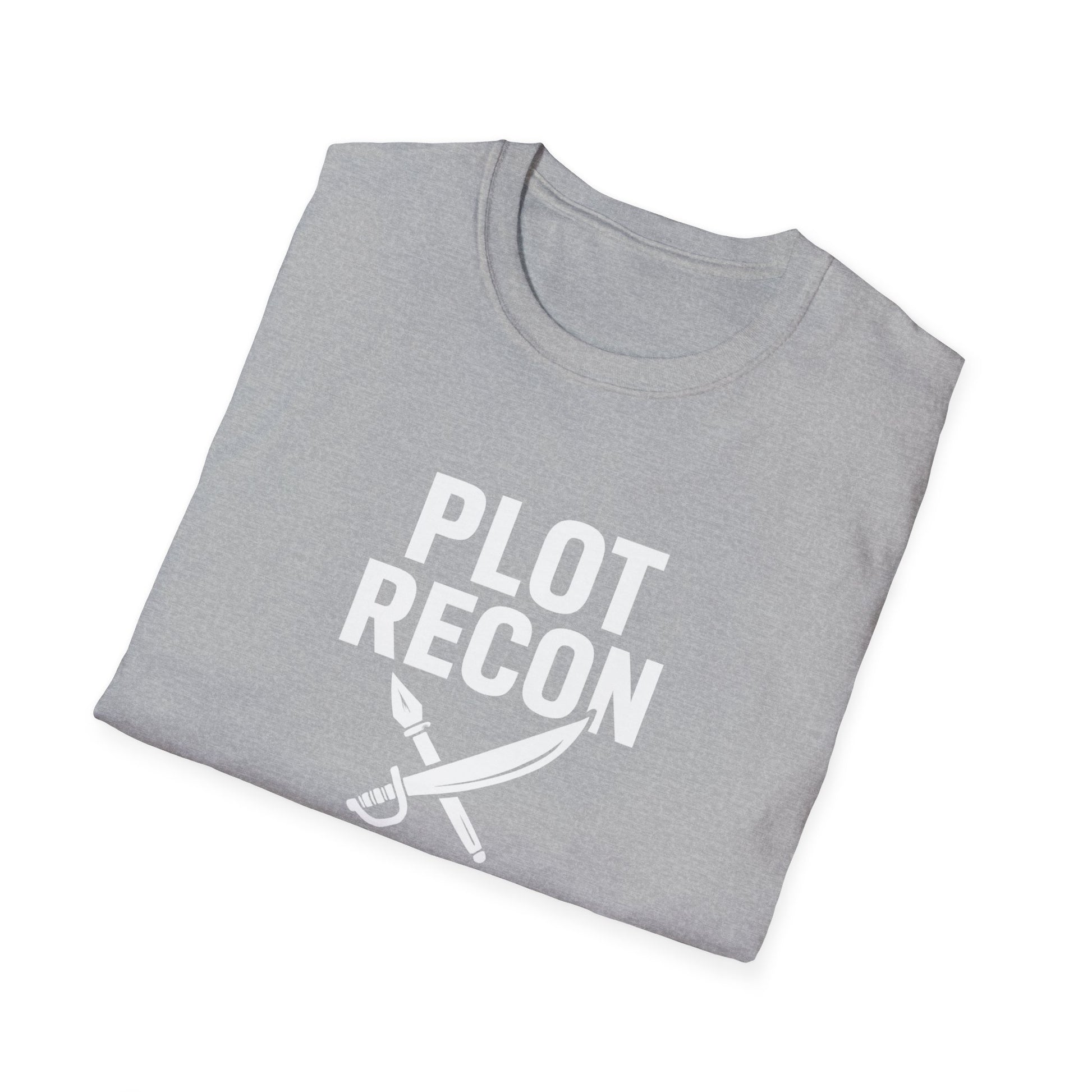 Folded gray t-shirt with 'Plot Recon' text and sword graphic on a white background