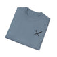 Folded blue t-shirt with a black logo on a white background