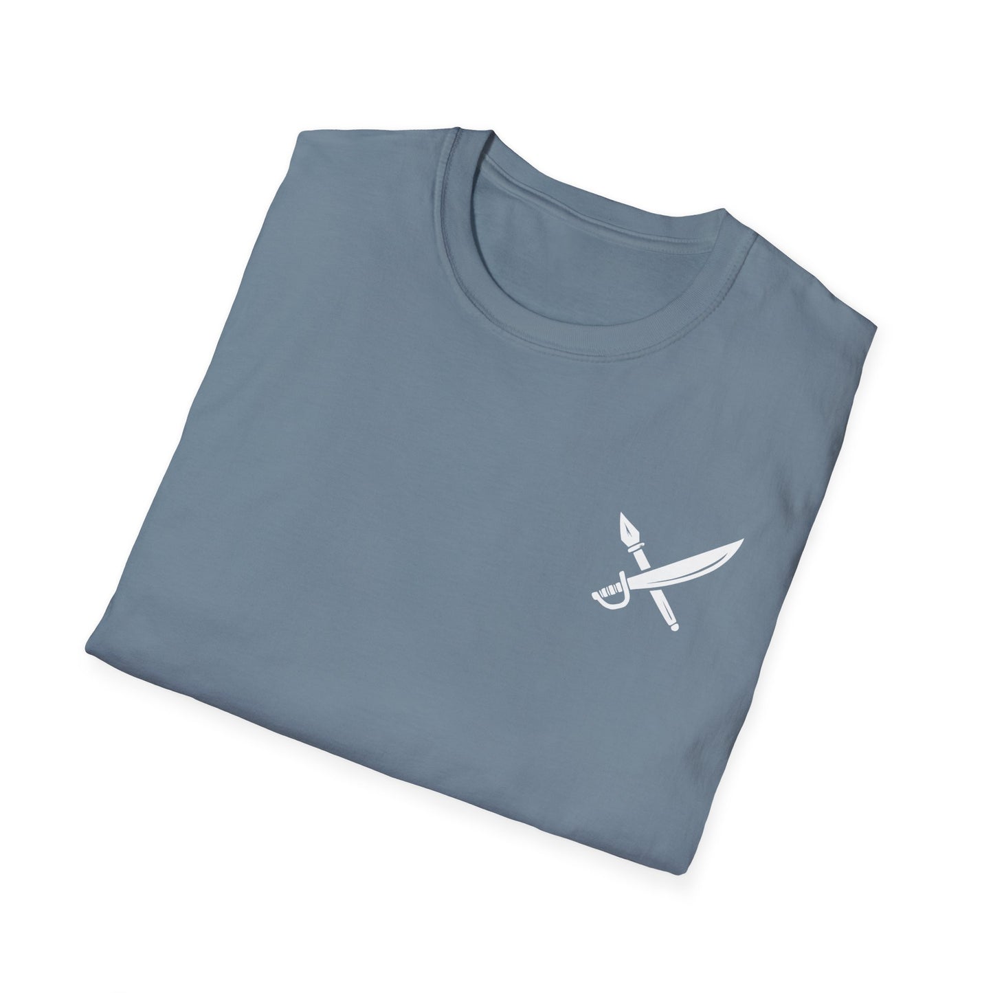 Folded blue t-shirt with a white logo on a white background